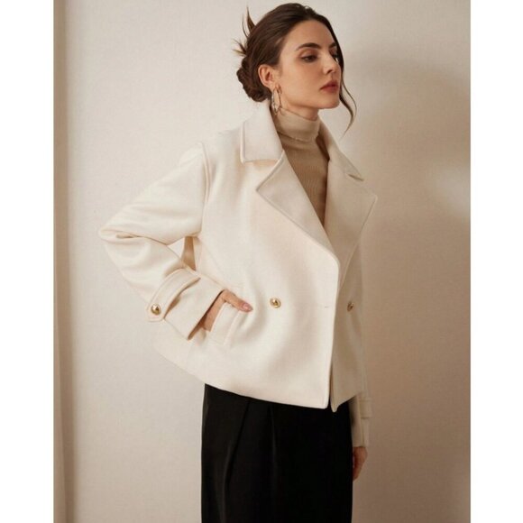 double gold button classic peacoat minimalist preppy pea coat jacket black - Picture 5 of 7